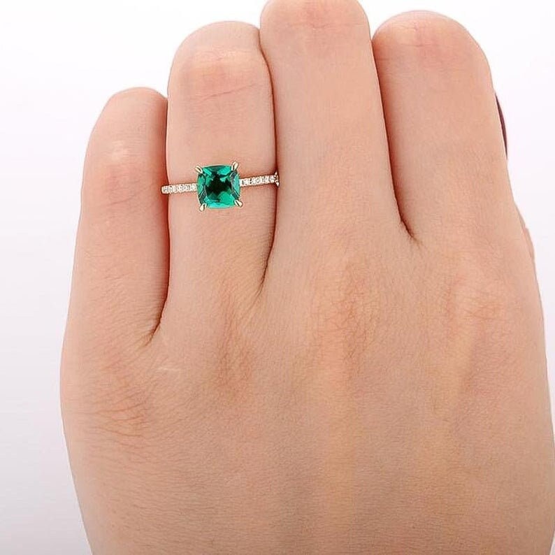 8mm Cushion Cut Emerald Diamond Ring Anniversary Gift Ring Emerald Diamond Ring Silver Diamond Ring Gold Plated Diamond Ring