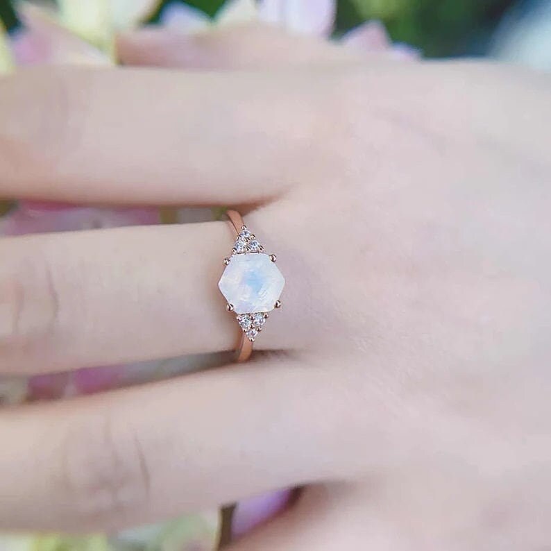 8MM Hexagon Cut Moonstone Gemstone Diamond Ring in 925 Sterling Silver over Rose Gold Plated Gift For Gift For Mom Anniversary Gift