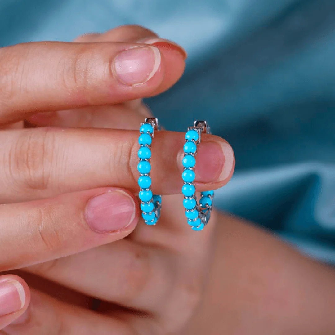 Turquoise Huggie Earrings, Turquoise Hoop Earrings, Boho style Hoops, Huggie Earrings, Hoop Earrings, December Birthstone Gift Gift for Mom