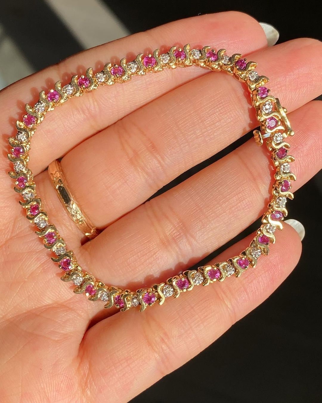 Pink Sapphire & Alternate Diamond Tennis Bracelets in Silver Gold Plated Gift For Her Diamond Bracelets Gold Tennis Bracelet Mom Gift