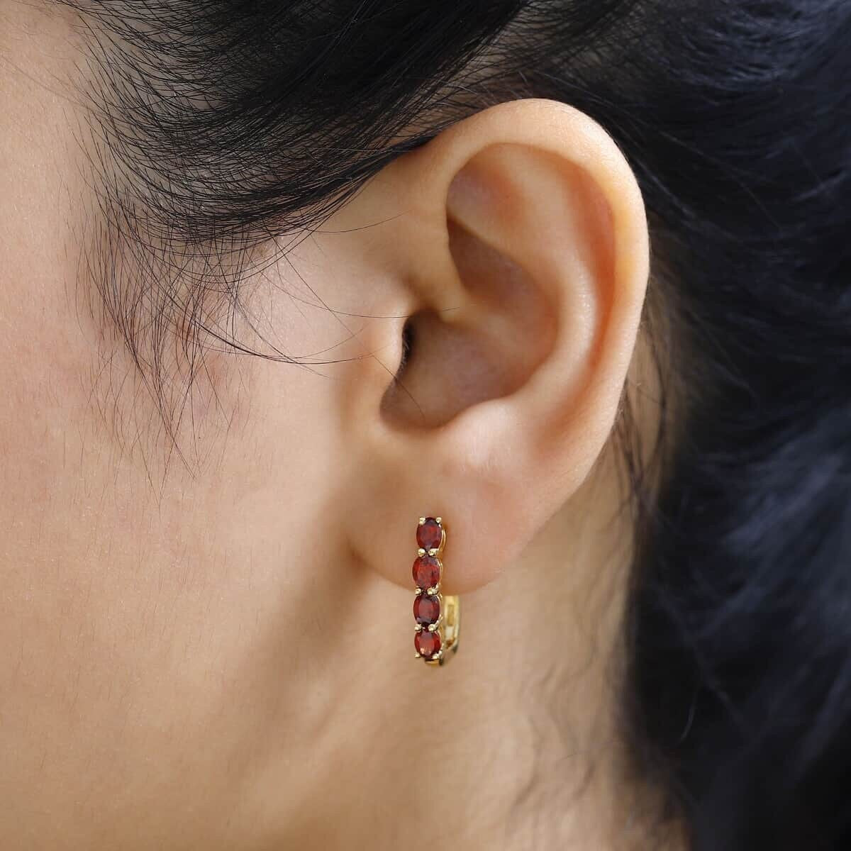 14k Yellow Gold Garnet Earrings, Genuine Garnet Hoop Silver Earrings for Women, Natural Red Gemstone Earrings, Bridesmaid Gift for Her