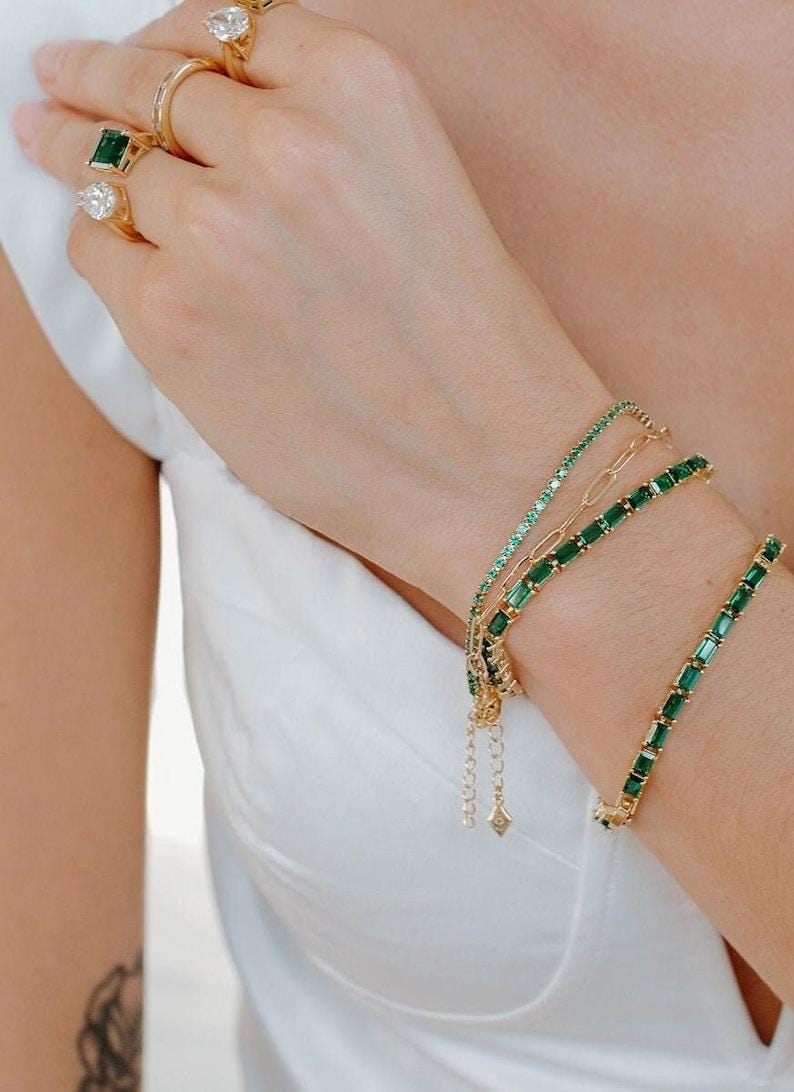 Baguette Emerald Tennis Bracelet/ 14K Gold plated Emerald Bracelet/ Genuine Emerald Bracelet / Stackable Bracelet For Women gift for her