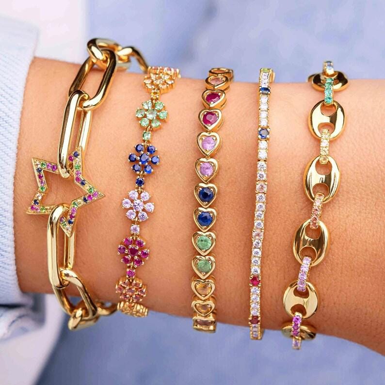 Multi Sapphire Heart Tennis Bracelet,14K Gold Plated Bracelet,heart Sapphire Tennis Bracelet, Sapphire Layering Bracelet For Women Gift