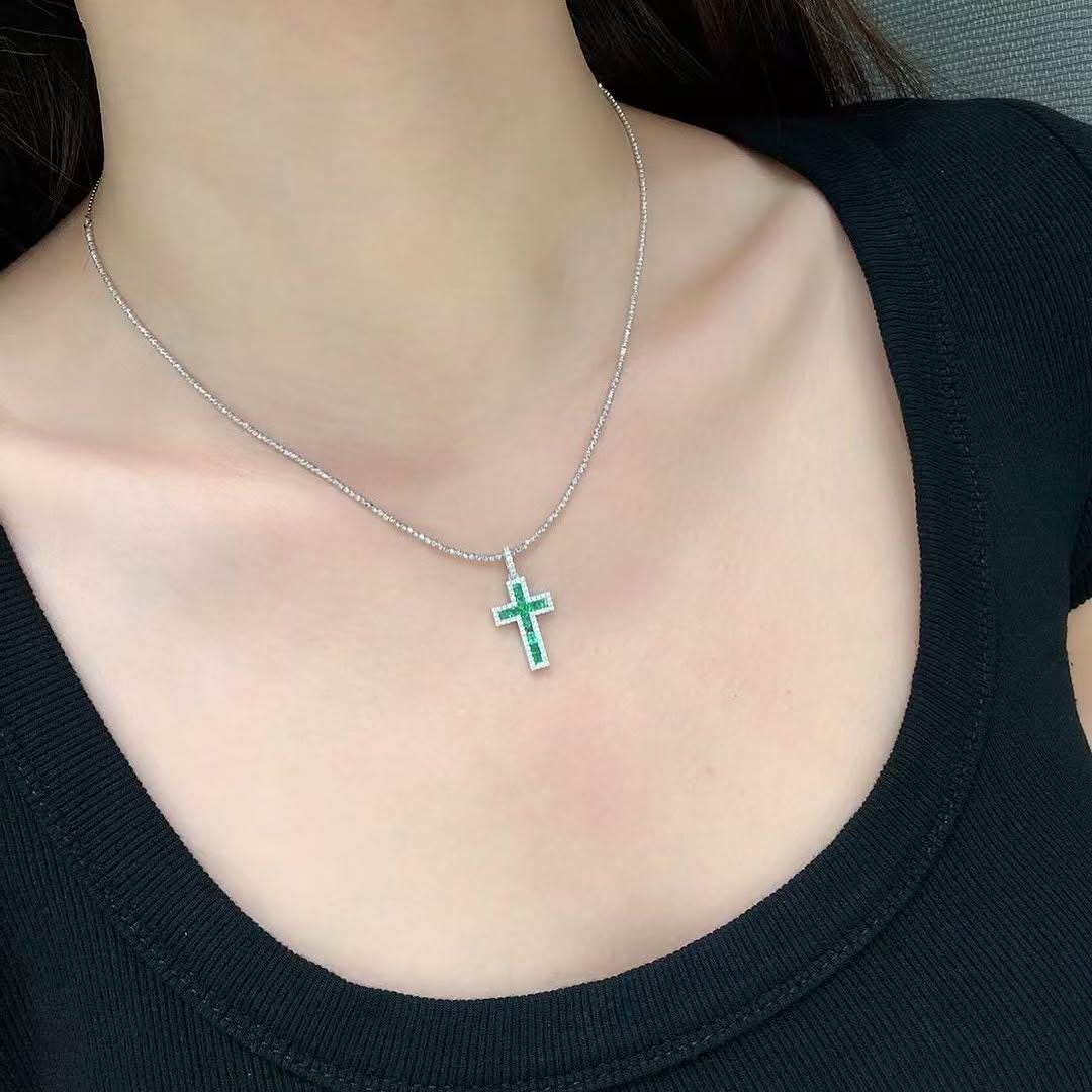 Natural Square Emerald Gemstone 14k Gold Handmade Pendant, Emerald cross necklace, Birthday Gift Christmas/Engagement/Gift For Anniversary