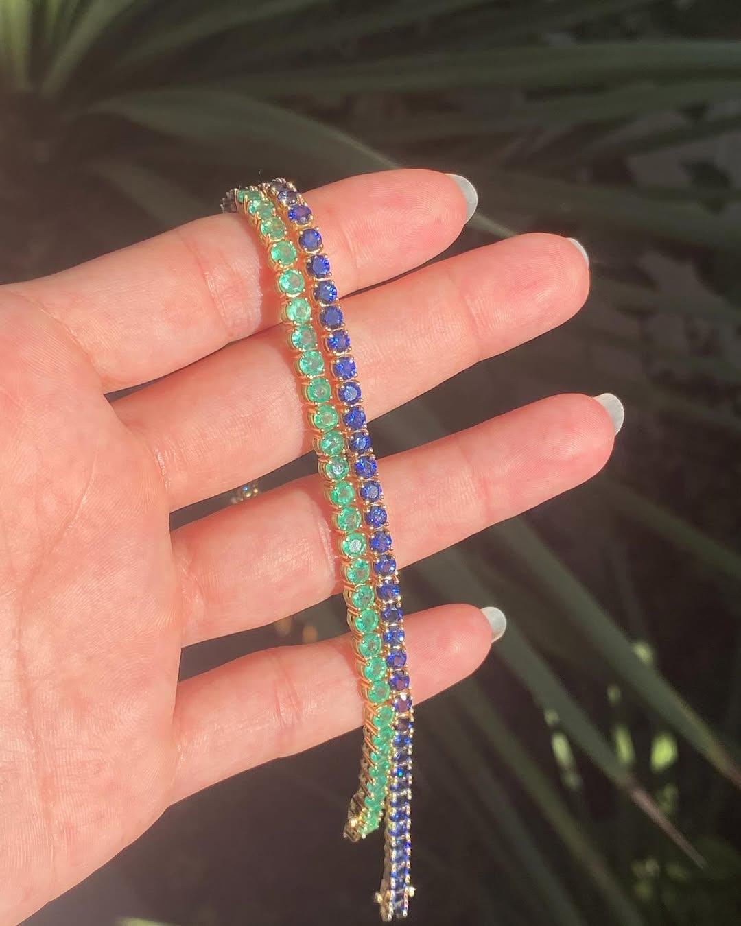 Emerald and Blue Sapphire Tennis Bracelet, Two Gemstone Tennis Bracelet Set, Yellow Gold Tennis Two Bracelet, Prong Set Tennis Bracelet