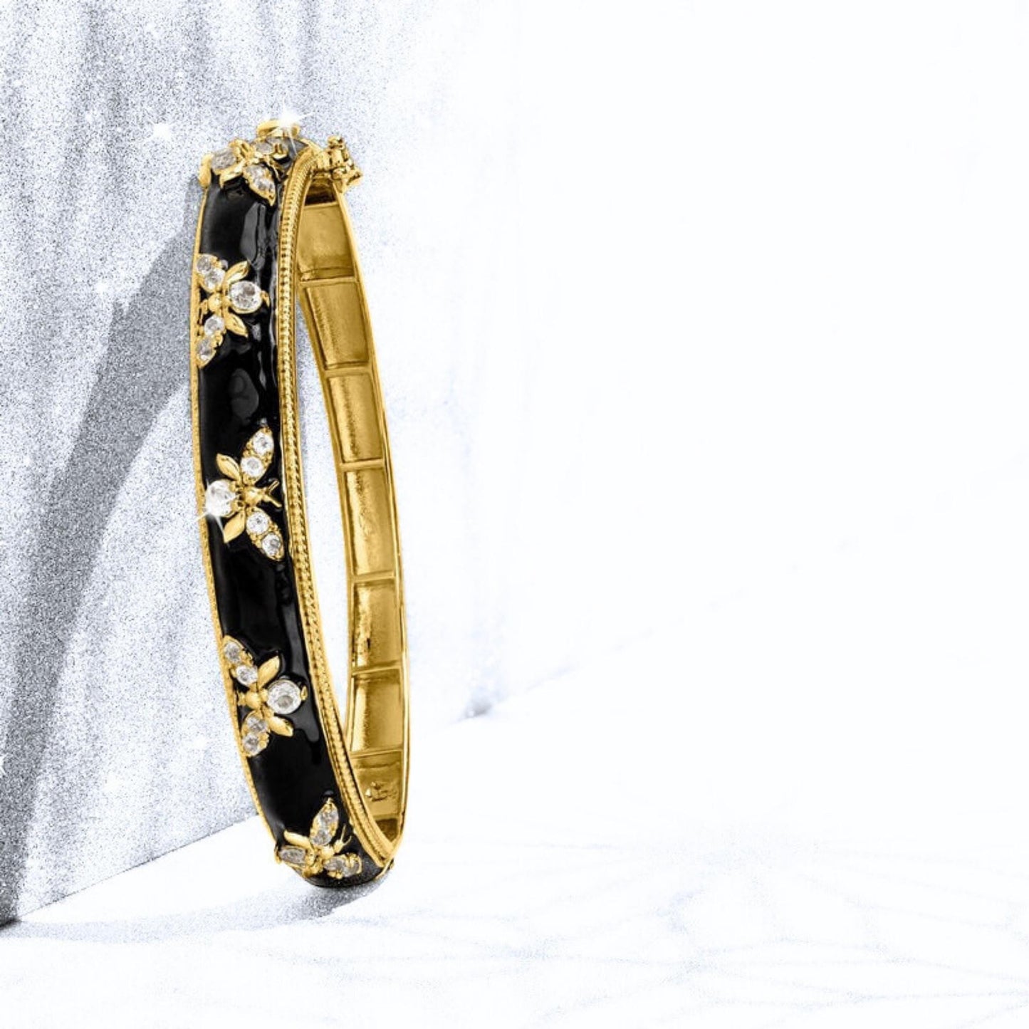 Lab Diamond Enamel Bee Bangle: Sterling Silver & Yellow Gold