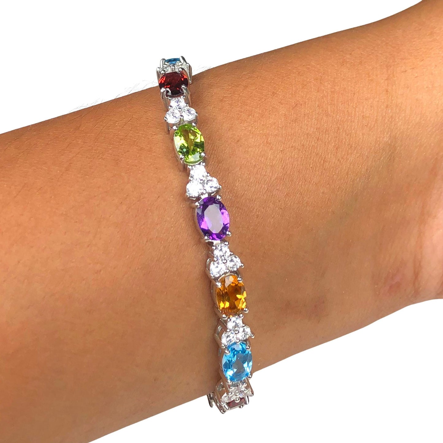 Multi-Sapphire Tennis Bracelet: 925 Sterling Silver, 6x4mm Oval Cut