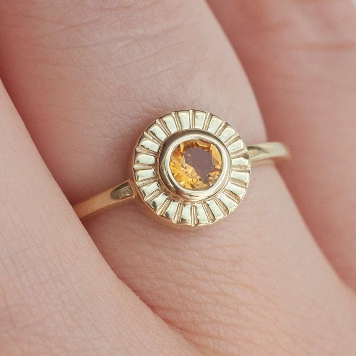 14k Solid Gold Round Citrine Anniversary Ring for Women, Dainty Minimalist Bridal Engagement Ring, November Birthstone Yellow Gemstone Ring