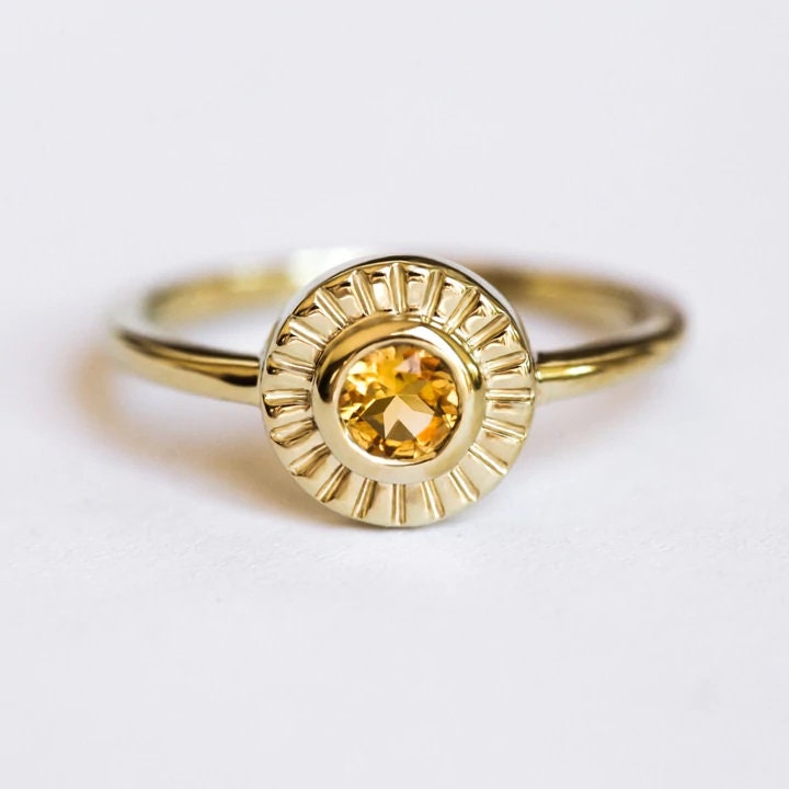 14k Solid Gold Round Citrine Anniversary Ring for Women, Dainty Minimalist Bridal Engagement Ring, November Birthstone Yellow Gemstone Ring