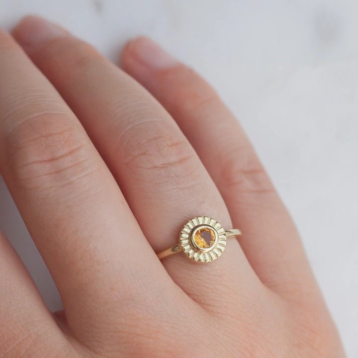 14k Solid Gold Round Citrine Anniversary Ring for Women, Dainty Minimalist Bridal Engagement Ring, November Birthstone Yellow Gemstone Ring