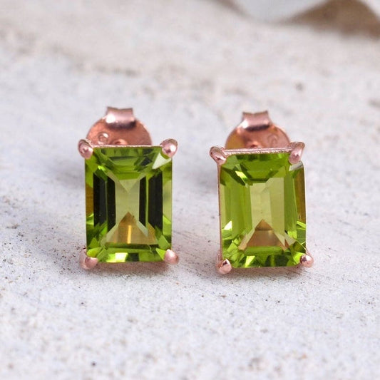 Elegant Peridot Earrings | Green Diamond Rose Gold Studs