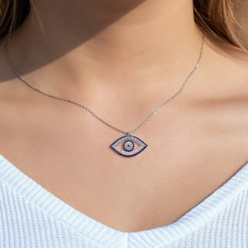 925 Diamond Evil Eye Necklace | Sapphire Necklace for Women | Mother's Day Gift | Evil Eye Pendant | Diamond Necklace | Hamsa Necklace