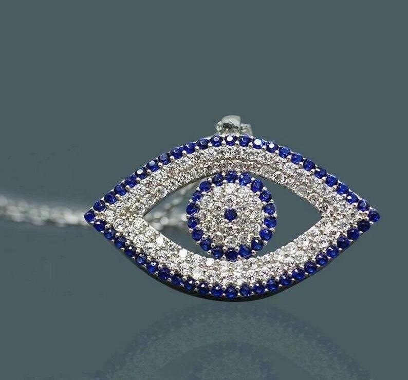 925 Diamond Evil Eye Necklace | Sapphire Necklace for Women | Mother's Day Gift | Evil Eye Pendant | Diamond Necklace | Hamsa Necklace
