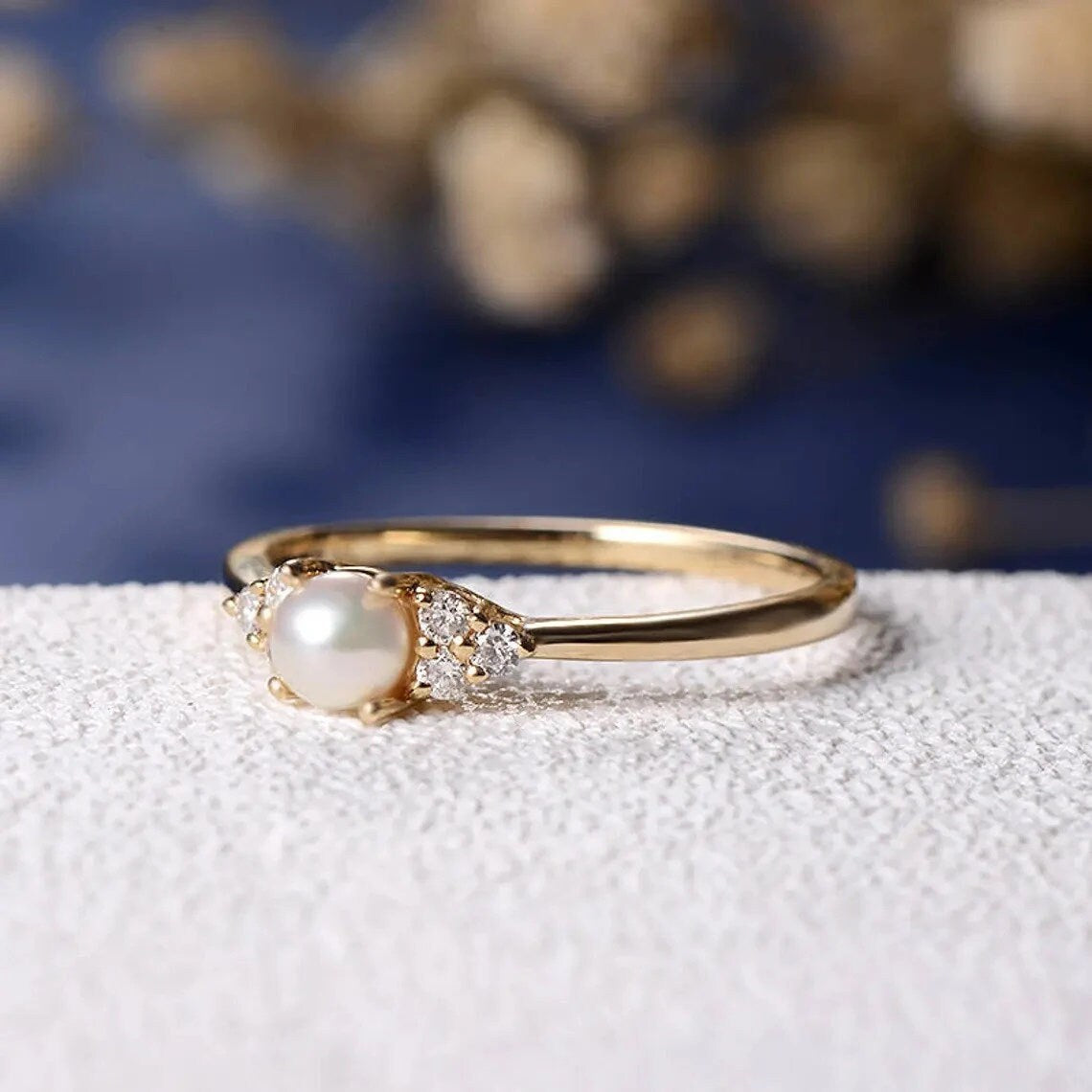 14k Rose Gold Pearl Engagement Ring: Dainty Diamond Accent Ring