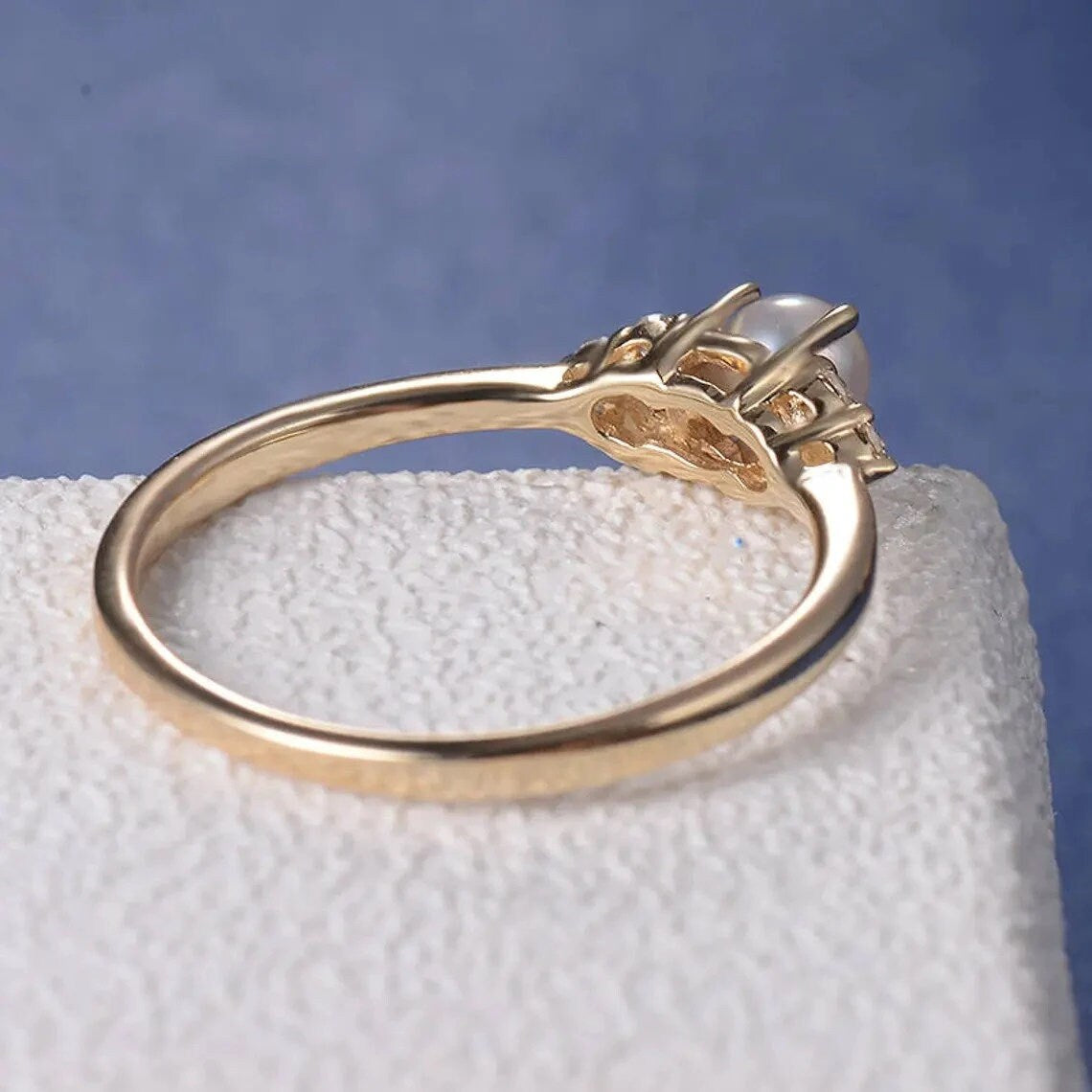 14k Rose Gold Pearl Engagement Ring: Dainty Diamond Accent Ring
