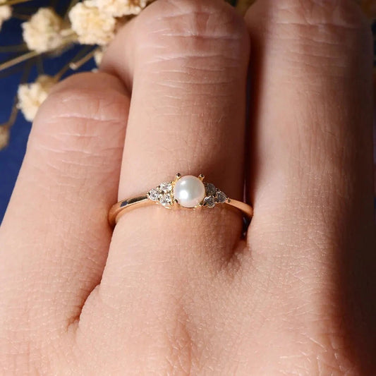 14k Rose Gold Pearl Engagement Ring: Dainty Diamond Accent Ring