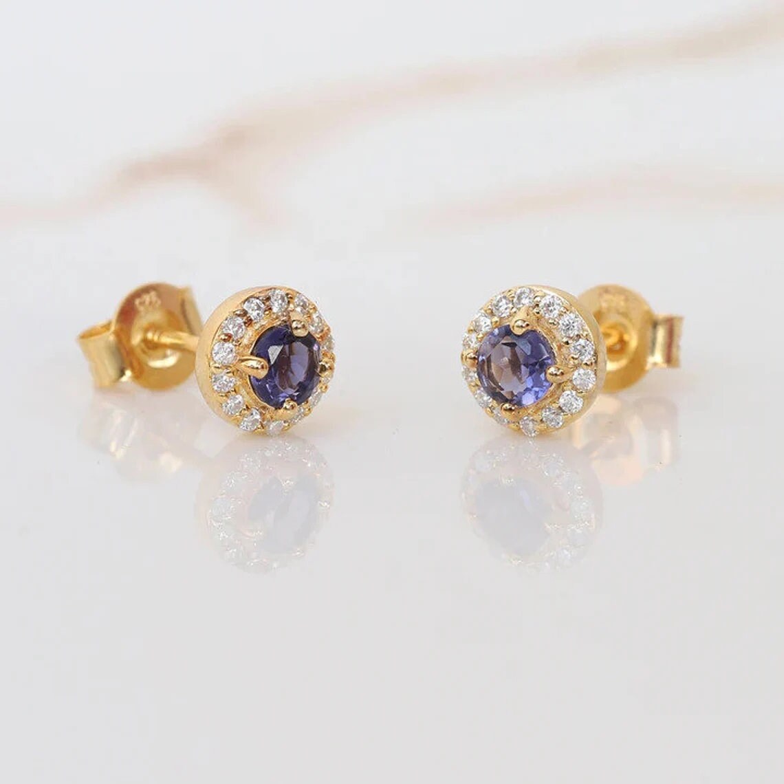 Tiny Tanzanite Studs, 14k Solid Gold Diamond Earrings, Small Blue Studs, Gift for Her