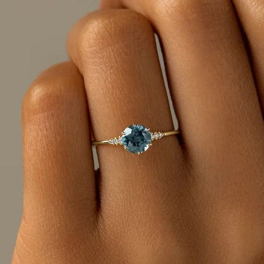 London Blue Topaz Ring | London Blue Topaz Engagement Ring | Round London Topaz White Gold Ring | London Topaz and Diamond Ring | 14K Gold