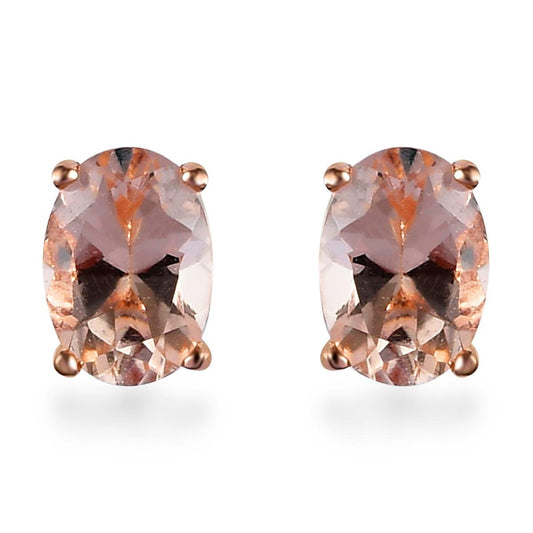 Morganite Stud Earrings: Peach Oval, 18K Rose Gold Plated Silver
