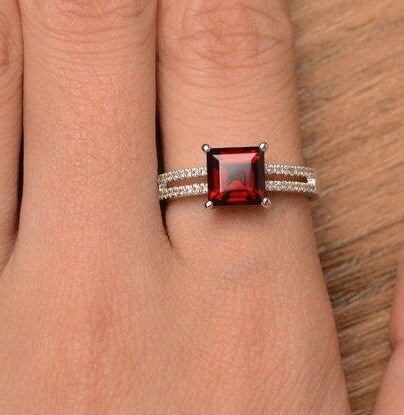 Natural Garnet Engagement Ring, Vintage Red Garnet Ring, Diamond Wedding Band Anniversary Rings, Red Birthstone, Women Jewelry,14k Gold Ring
