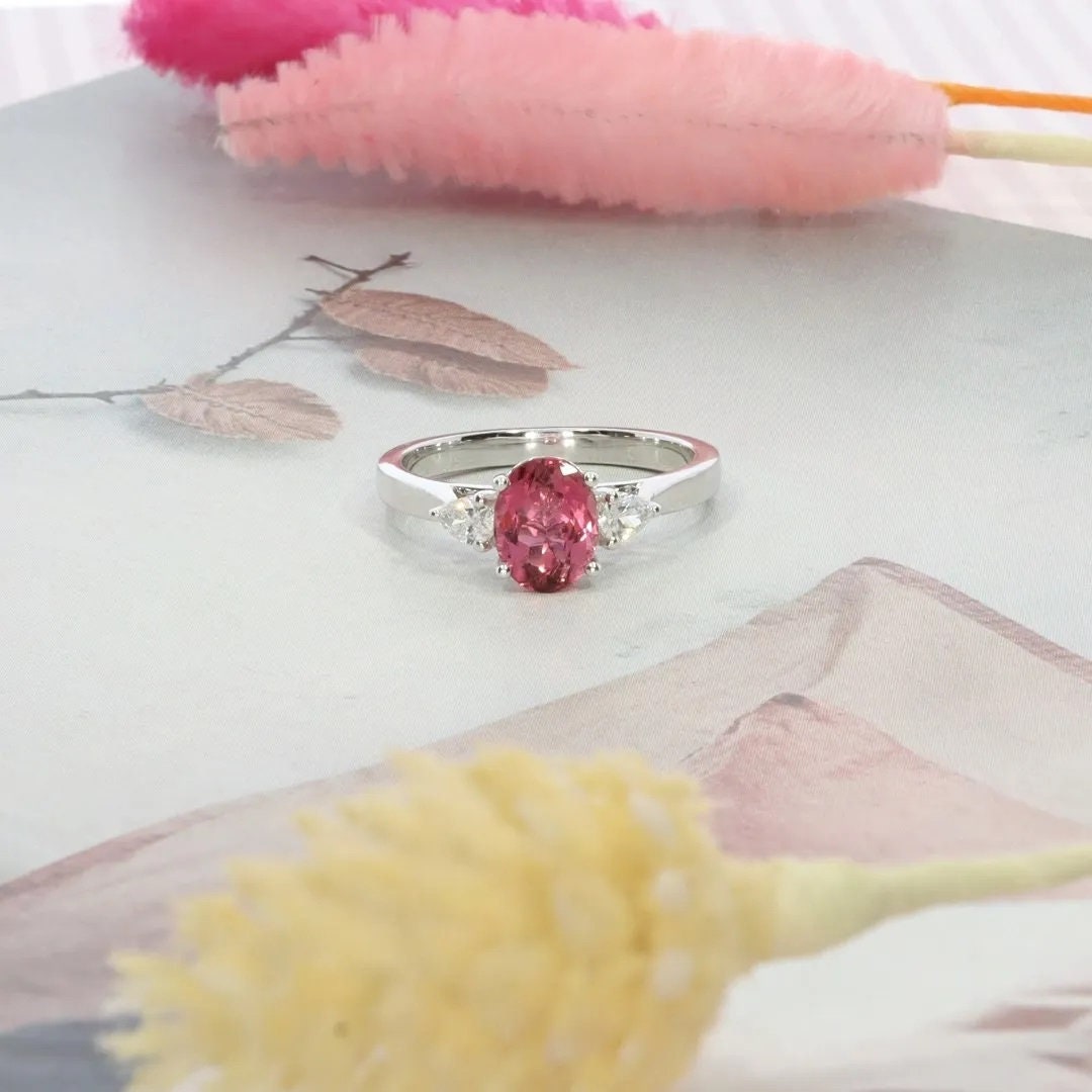 Natural Pink Tourmaline 14K Solid Gold Ring/Solitaire Anniversary Ring For Women/Minimalistic Style/October Birthstone Ring/Gift For her