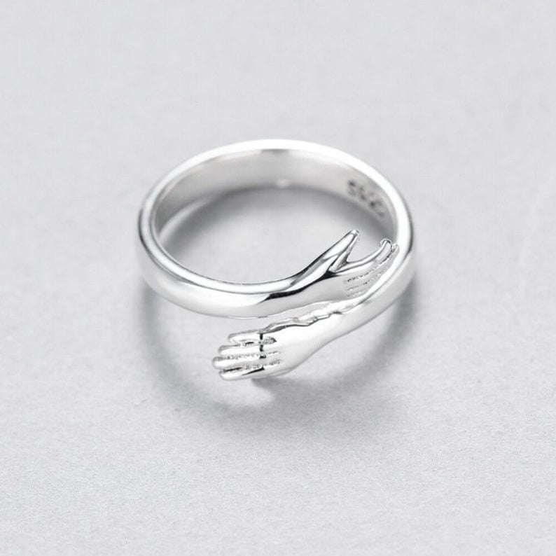 Sterling Silver Hug Ring - Adjustable Love Hand Stackable Couple Ring