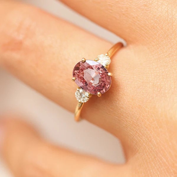 Pink Tourmaline 14K Gold Ring: Diamond Accent Solitaire