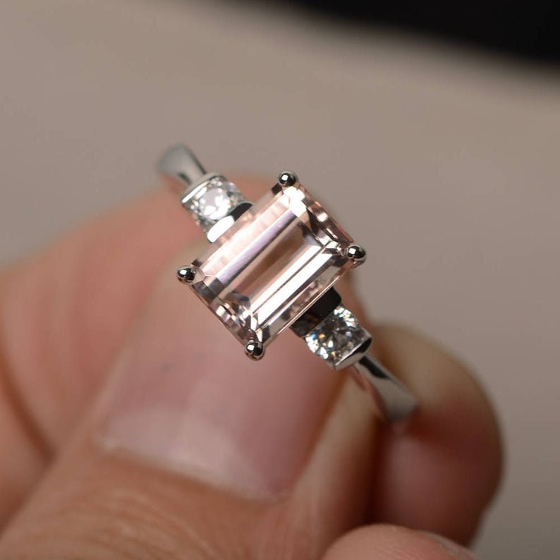 Vintage Emerald Cut Morganite Ring: 14K Rose Gold Vermeil, Diamond Accents