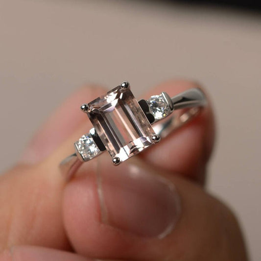 Vintage Emerald Cut Morganite Ring: 14K Rose Gold Vermeil, Diamond Accents