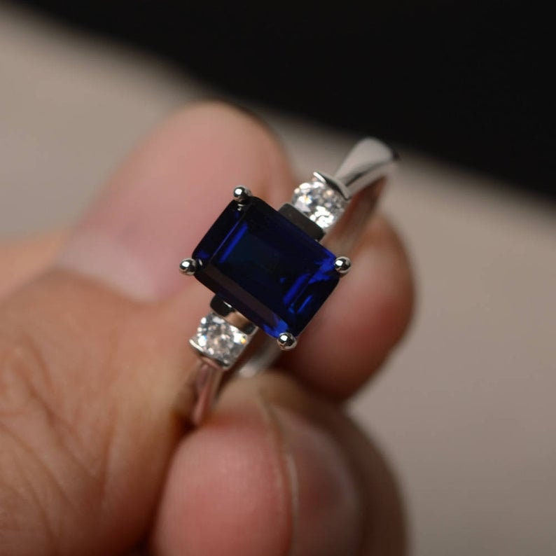 Emerald Cut Blue Sapphire Ring: Diamond Accent, Sterling Silver or Gold