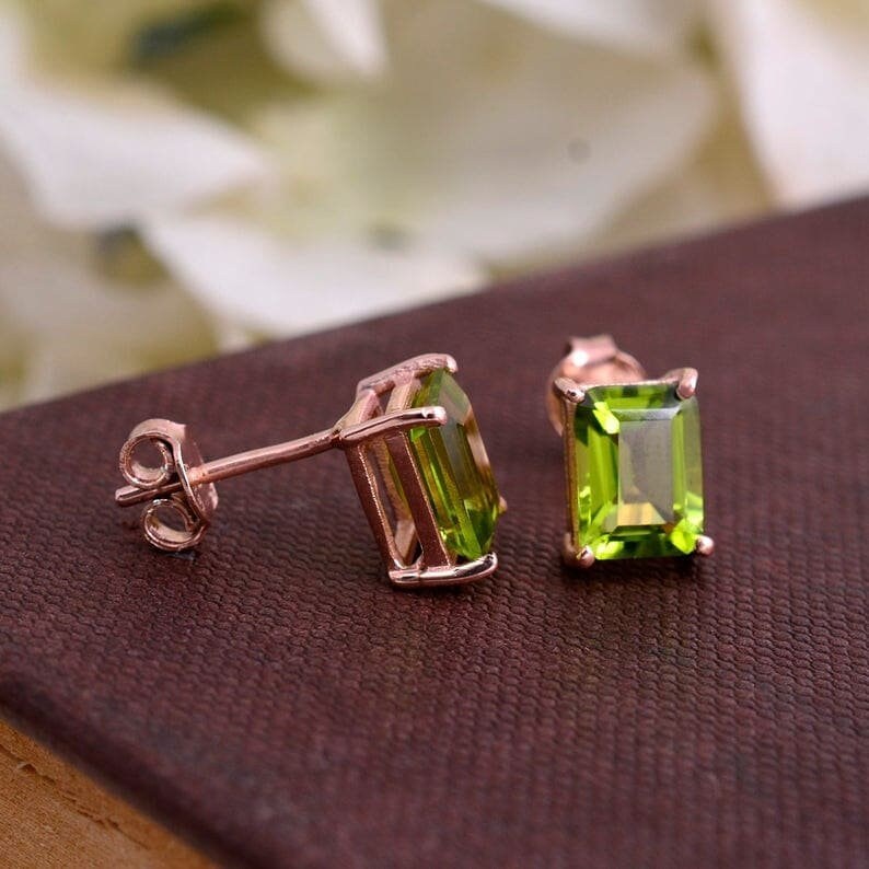 Elegant Peridot Earrings | Green Diamond Rose Gold Studs