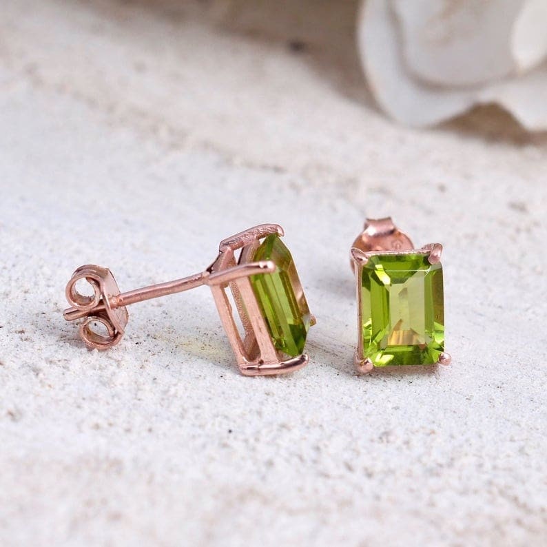 Elegant Peridot Earrings | Green Diamond Rose Gold Studs