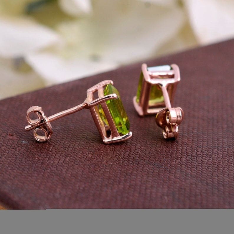Elegant Peridot Earrings | Green Diamond Rose Gold Studs