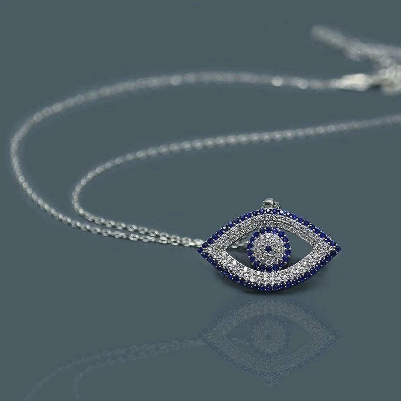 925 Diamond Evil Eye Necklace | Sapphire Necklace for Women | Mother's Day Gift | Evil Eye Pendant | Diamond Necklace | Hamsa Necklace