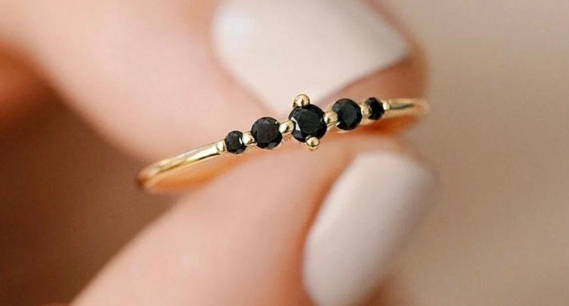 Dainty Black Onyx Ring-Small Stone Ring-Celestial Moon Ring-Sterling Silver Ring-Sterling Silver Ring-Rose Gold Ring-14K Solid Gold Rin