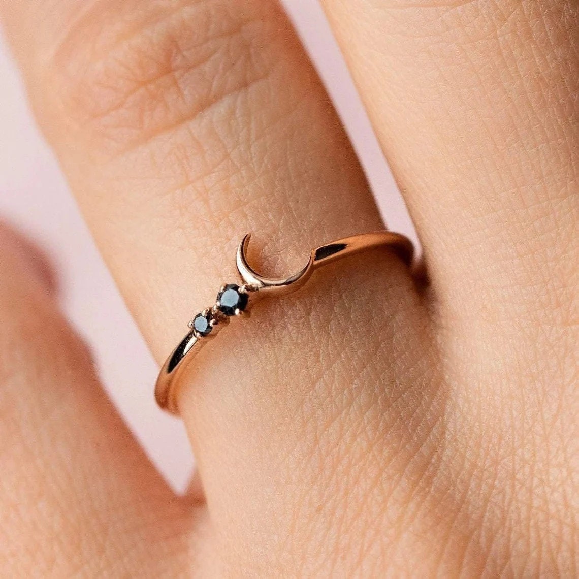Moon Silver Ring, Rose Gold Moon Ring, Moon Ring, Black Onyx Ring, Gemstone Ring, Wedding Ring, Ring for Her, Ring for Friend