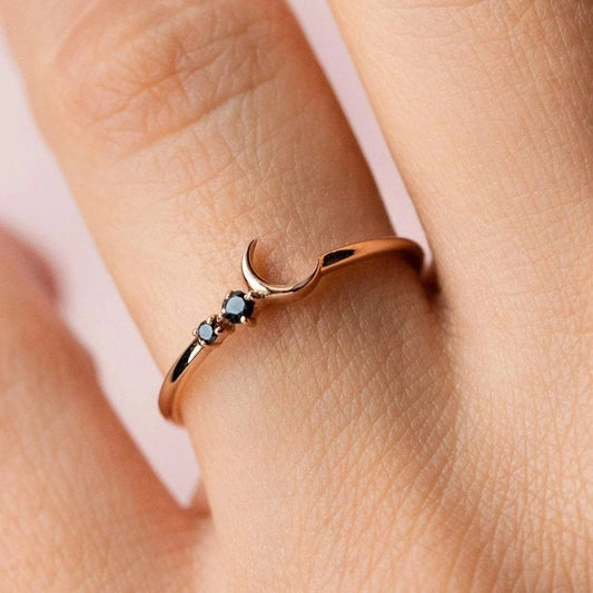 Moon Silver Ring, Rose Gold Moon Ring, Moon Ring, Black Onyx Ring, Gemstone Ring, Wedding Ring, Ring for Her, Ring for Friend