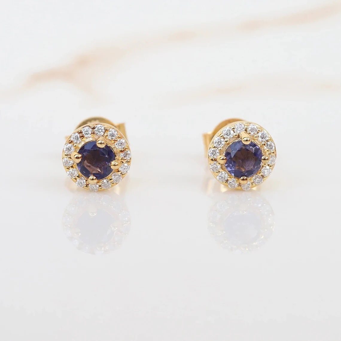 Tiny Tanzanite Studs, 14k Solid Gold Diamond Earrings, Small Blue Studs, Gift for Her