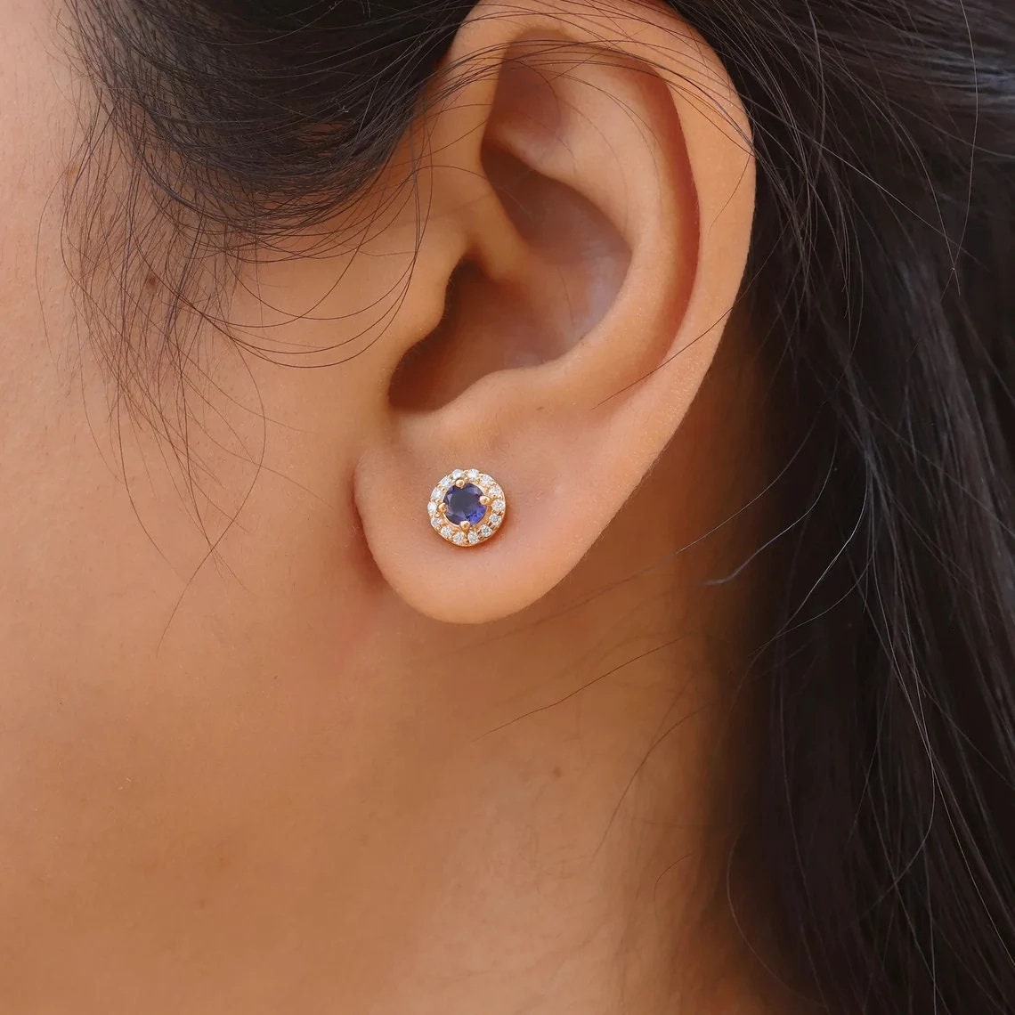 Tiny Tanzanite Studs, 14k Solid Gold Diamond Earrings, Small Blue Studs, Gift for Her