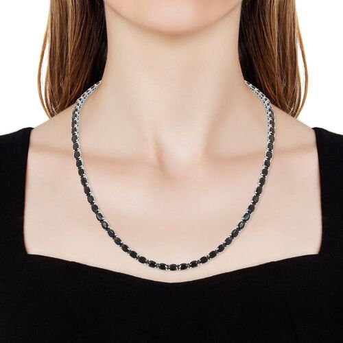 Black Onyx Sterling Silver Tennis Necklace: Oval Gemstone, Handmade