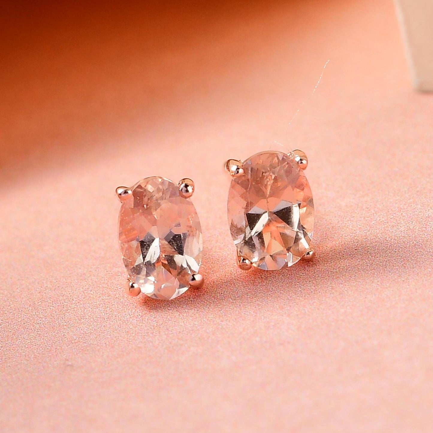 Morganite Stud Earrings: Peach Oval, 18K Rose Gold Plated Silver