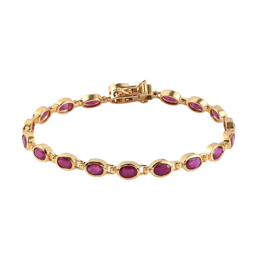 Ruby Bracelet, Natural Ruby Oval Tennis Bracelet in .925 Sterling Silver Yellow Gold Plated, July Birthstone, Red Ruby Bracelet for Her,