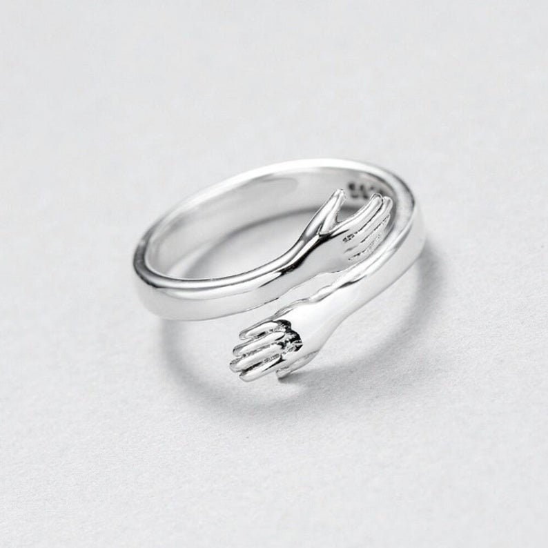 Sterling Silver Hug Ring - Adjustable Love Hand Stackable Couple Ring
