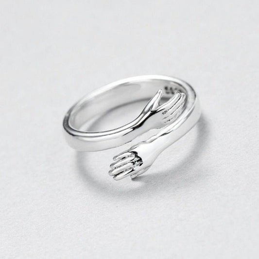 Sterling Silver Hug Ring - Adjustable Love Hand Stackable Couple Ring