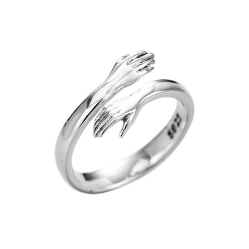 Sterling Silver Hug Ring - Adjustable Love Hand Stackable Couple Ring