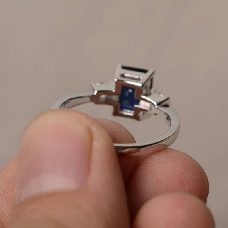 Emerald Cut Blue Sapphire Ring: Diamond Accent, Sterling Silver or Gold