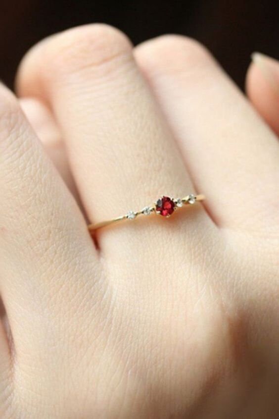 Red Garnet Diamond Solitaire Ring: Dainty 14k Gold Promise Ring
