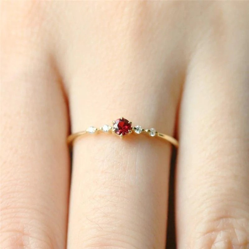 Red Garnet Diamond Solitaire Ring: Dainty 14k Gold Promise Ring