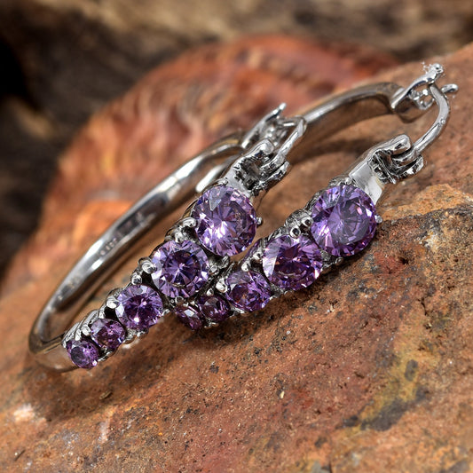 Genuine Amethyst Hoop Silver Earrings - Natural Purple Gemstone Jewelry