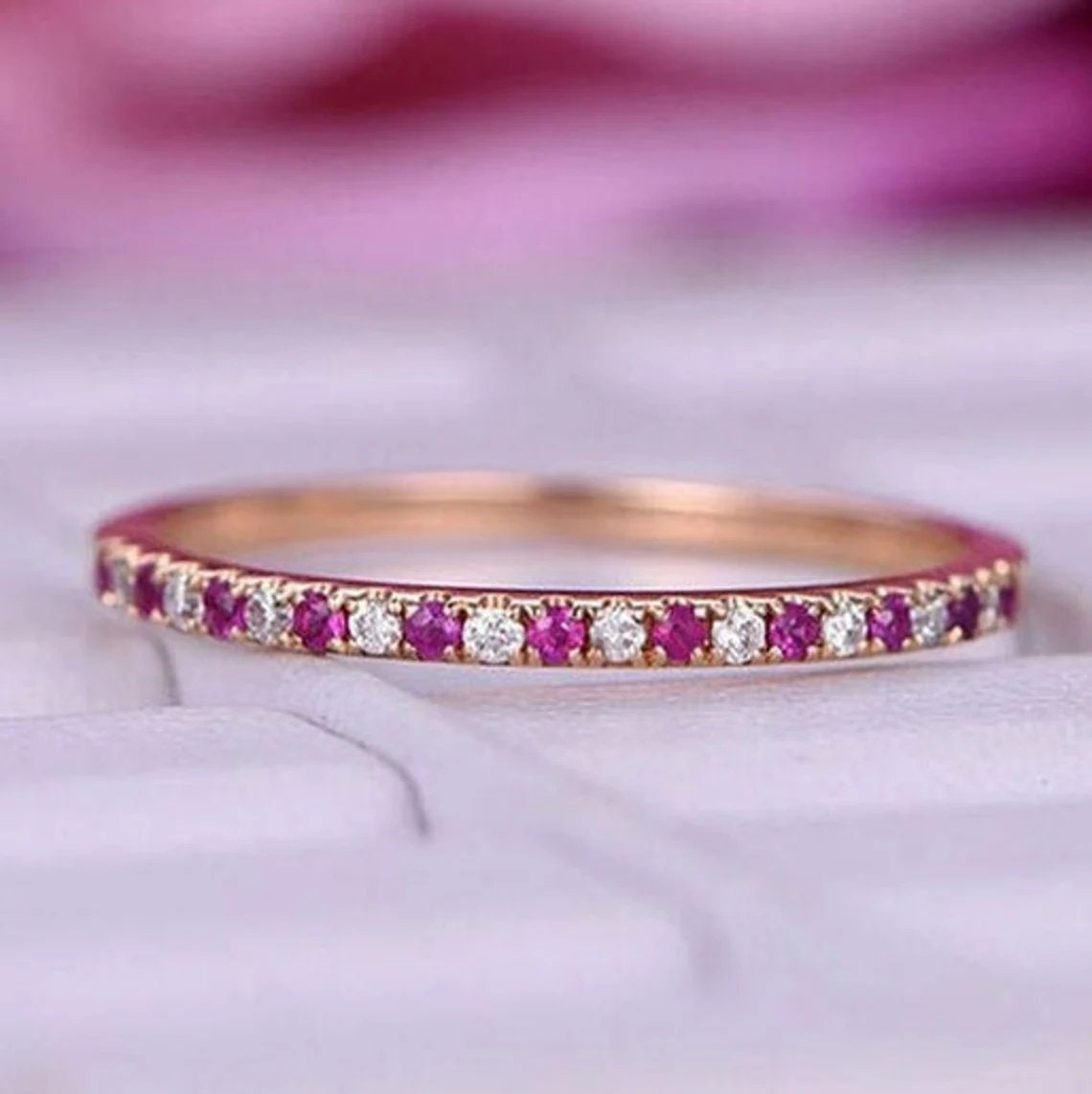 Pink Tourmaline and Diamond Band Ring,Rose Gold Band,Weddings Band Ring, Engagement Ring, Wedding Band,Anniversary Gift, Gift for Her